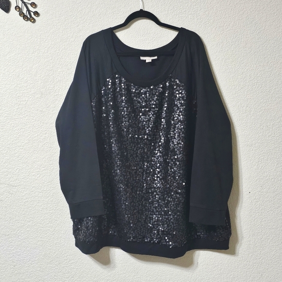 Woman Within Sweater Womens 4X Scoop Neck Long Sleeve Sequin Pullover Top Black - Picture 7 of 7